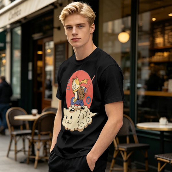 Olive T-shirt with a cat warrior riding a flying cloud graphic