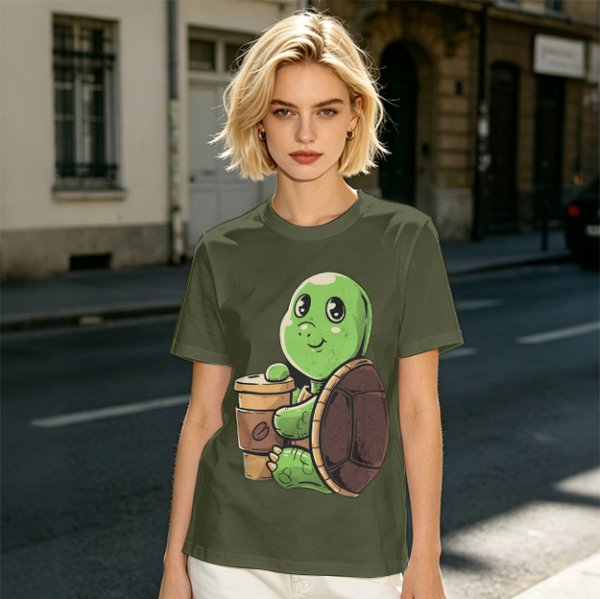 Olive Green T-Shirt With Cute Turtle Holding Coffee Cup Print