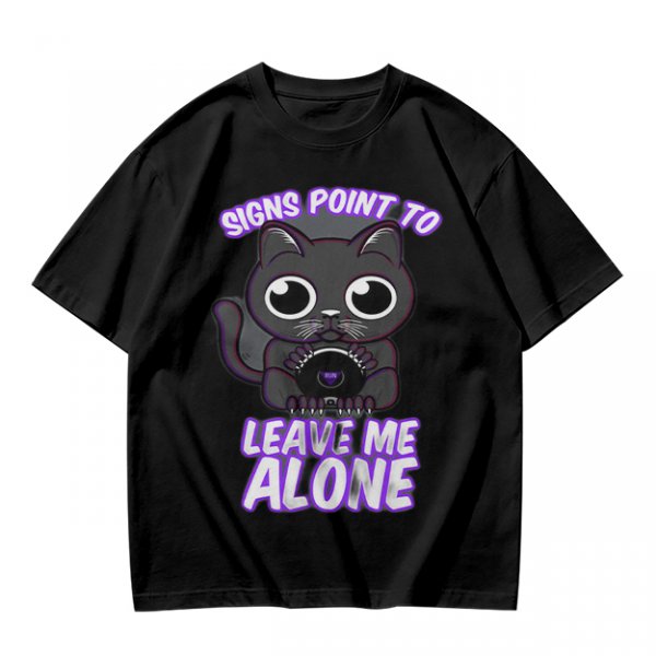 Olive t-shirt with a black cat holding a magic 8 ball and text 'Signs Point To Leave Me Alone'