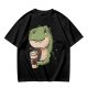 Olive T-shirt with Cute Dinosaur Holding Coffee Print