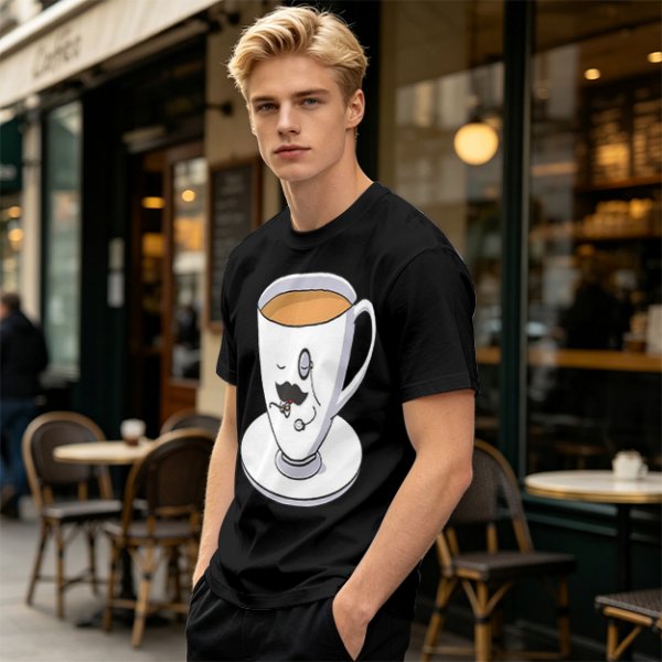 Olive Green T-Shirt With Dapper Cartoon Teacup Graphic