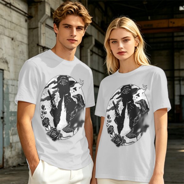 Olive T-Shirt With Western Gunslinger Crow And Roses Graphic
