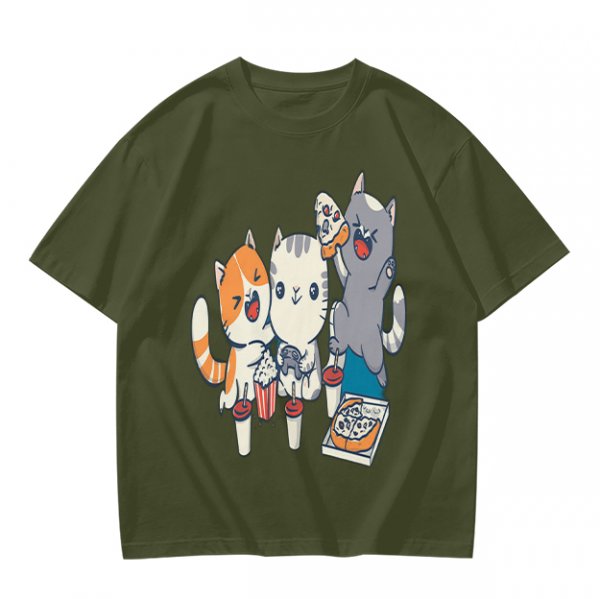Olive T-Shirt With Cute Cats Enjoying Pizza And Snacks Print