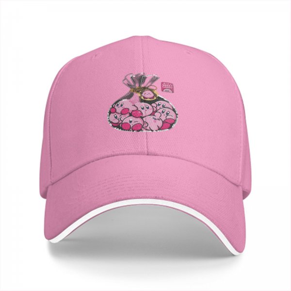 Black baseball cap with a bag of cute pink Kirby characters print