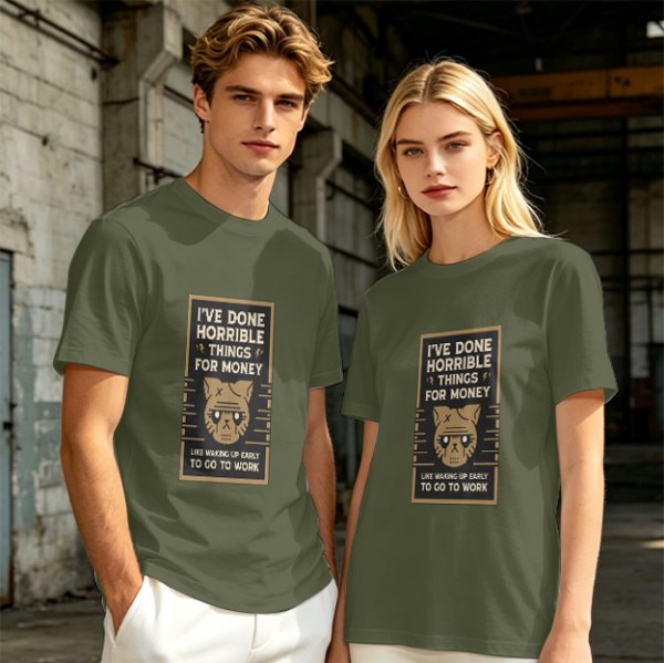 Olive T-Shirt With 'I've Done Horrible Things For Money' Cat Work Print