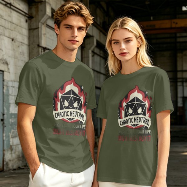 Chaotic Neutral D20 Fire Graphic T-Shirt For Tabletop RPG Fans