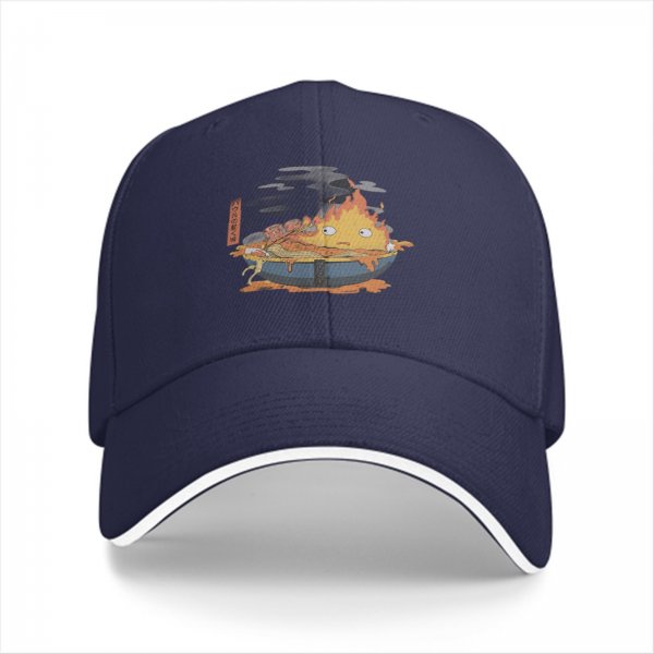 Black baseball cap with anime fire demon ramen bowl graphic