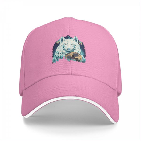 Black Baseball Cap With White Wolf And Moon Graphic Design