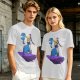 Olive T-shirt with Art Print of Girl Holding Blue Creature on Floating Rock
