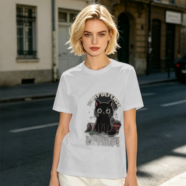 Olive t-shirt with black cat 'In My Defense I Was Under Catnip' print