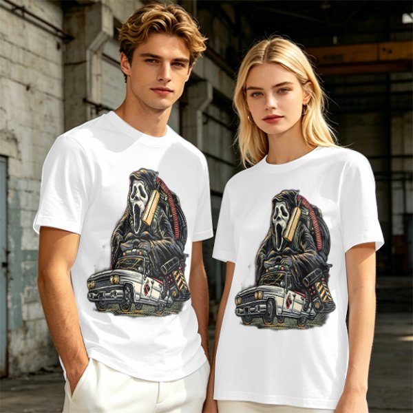 Olive T-shirt with Ghostface driving a Ghostbusters-style car graphic