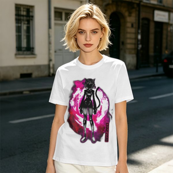 Olive anime cat character graphic t-shirt with pink abstract background
