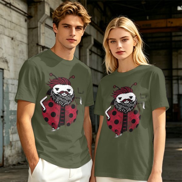 Olive Green T-Shirt With Bearded Ladybug Print