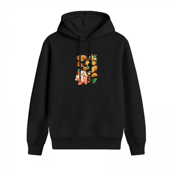 Black hoodie with Kirby and festive baked goods graphic