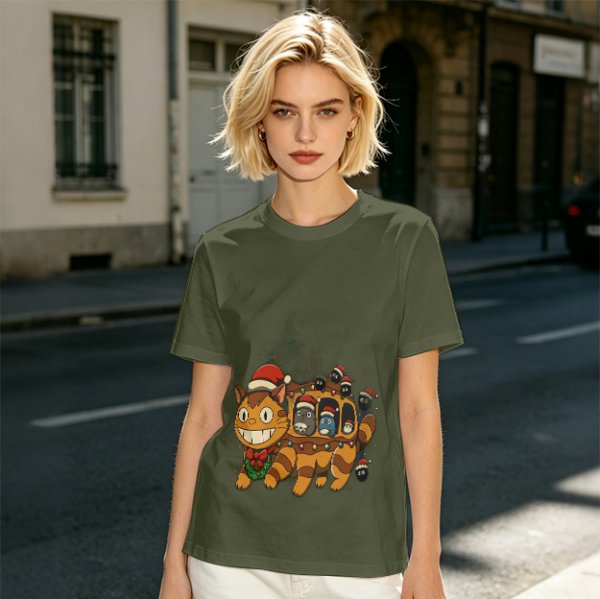 Christmas Catbus T-Shirt with Festive Spirited Away Characters