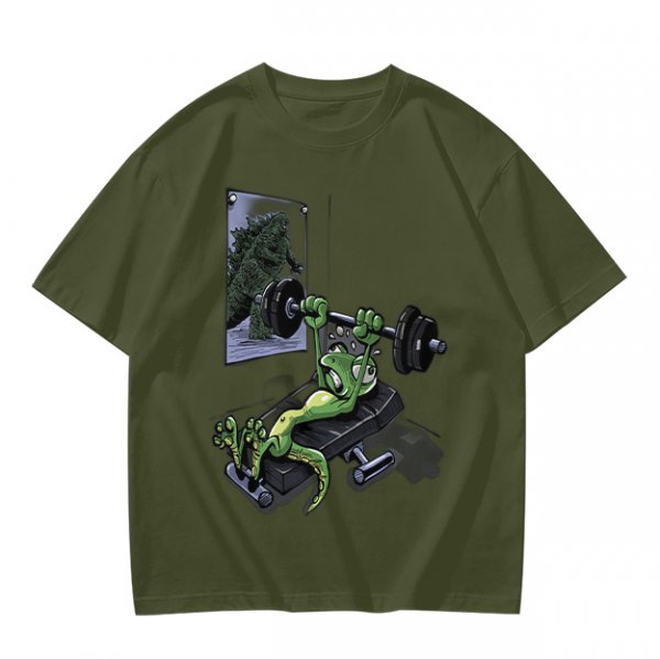 Olive T-shirt with cartoon lizard bench pressing weights in gym mirror