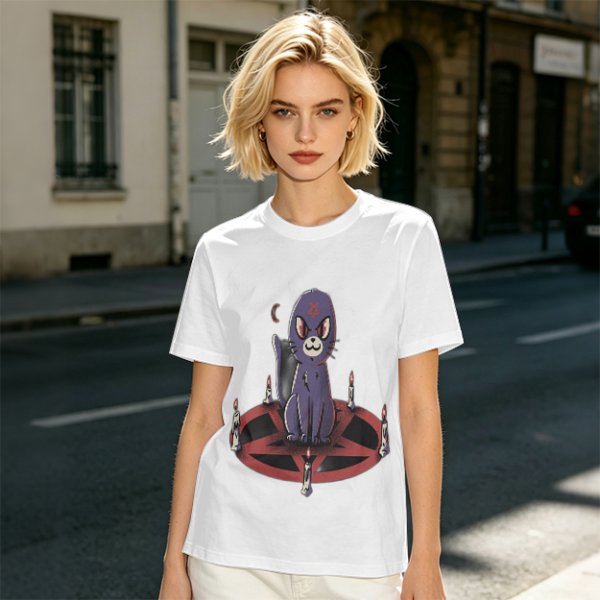Olive T-Shirt With Purple Demon Cat On Pentagram And Candles