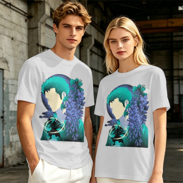 Anime Character Silhouette Wisteria Floral Graphic Olive T-Shirt