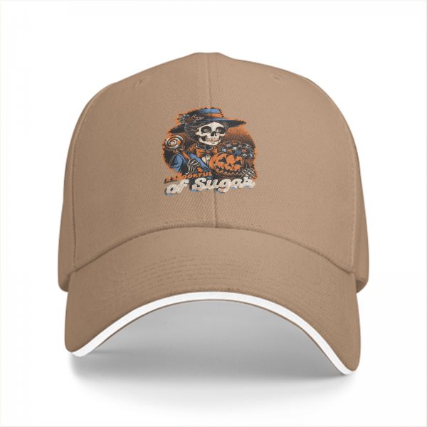 Black baseball cap with spooky sugar skeleton pumpkin graphic