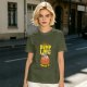 Olive green graphic t-shirt with dumpling pun and steamer illustration