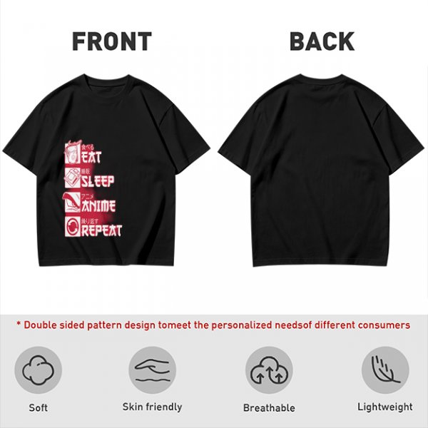 Oversized Olive Anime Themed T-Shirt With Eat Sleep Anime Repeat Print