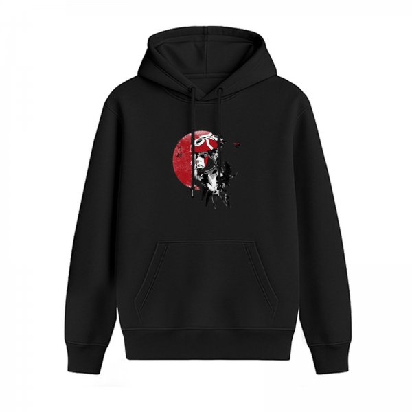 Black Hoodie with Red Moon and Samurai Warrior Graphic Print