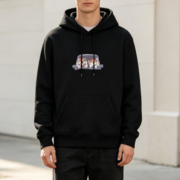 Black hoodie with cute hamsters driving car graphic