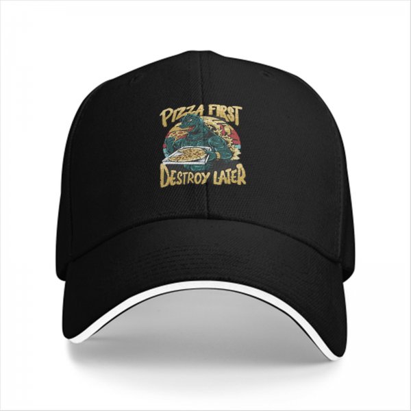 Black baseball cap with pizza first destroy later godzilla graphic