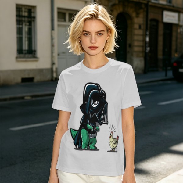 Olive T-shirt with cartoon dinosaur in Darth Vader helmet and chicken print