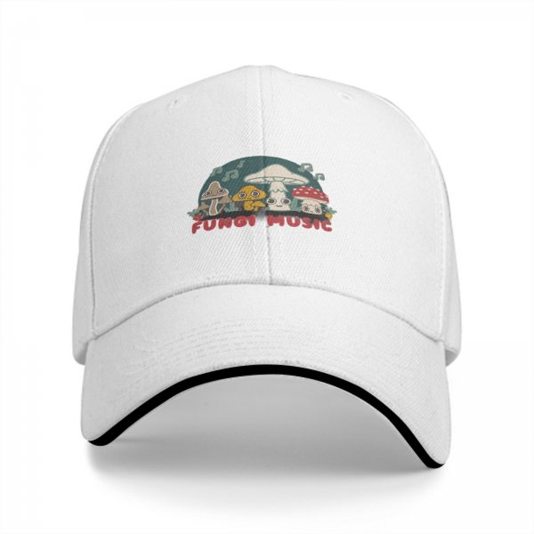 Black baseball cap with cute fungi music graphic design