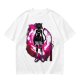 Olive anime cat character graphic t-shirt with pink abstract background