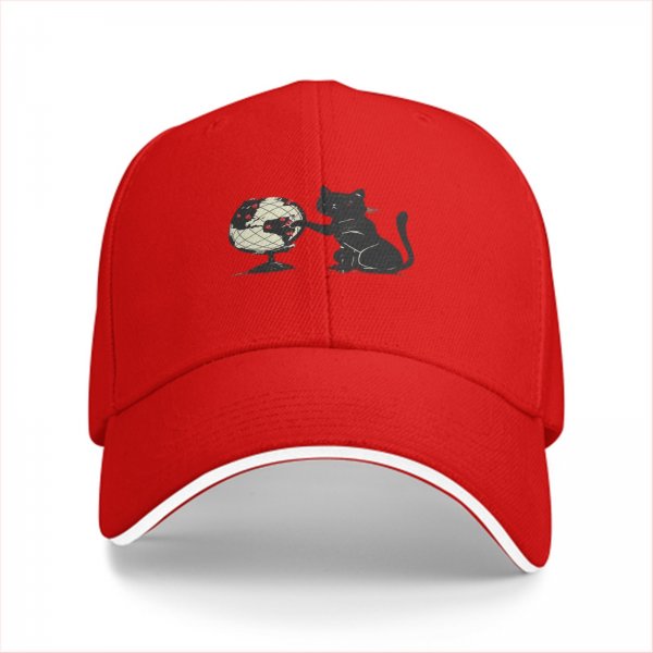 Black Baseball Cap With Cat Touching Globe Print