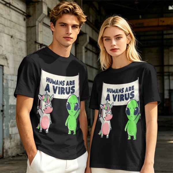 Olive T-shirt with Unicorn and Alien Holding 'Humans Are A Virus' Sign