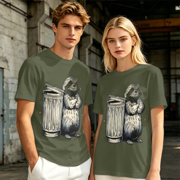 Olive Green T-Shirt With Raccoon Standing Next To Trash Can Graphic