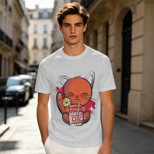 Olive Green T-Shirt With Cute Orange Cat Drinking Cocktail Graphic
