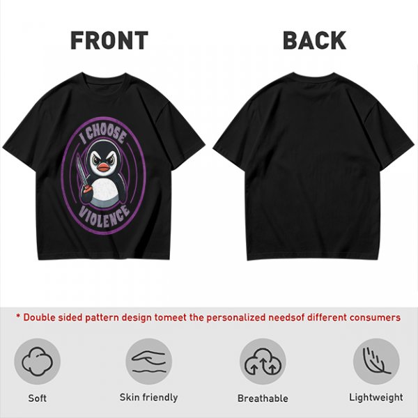 Olive t-shirt with angry penguin holding knife and I Choose Violence print