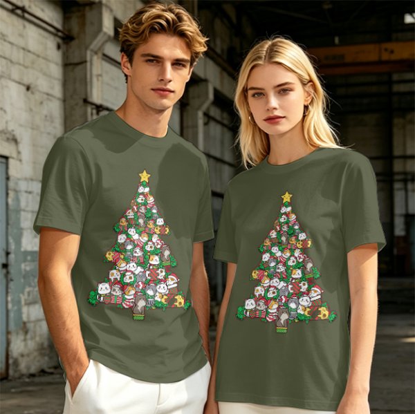 Olive T-Shirt With Cute Cat Christmas Tree Holiday Print