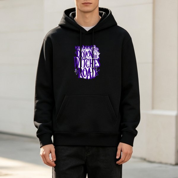 Black hoodie with 'Down the Witches Road' graphic print