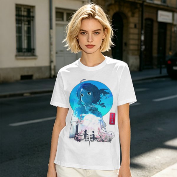 Anime girl cherry blossom scene graphic tee