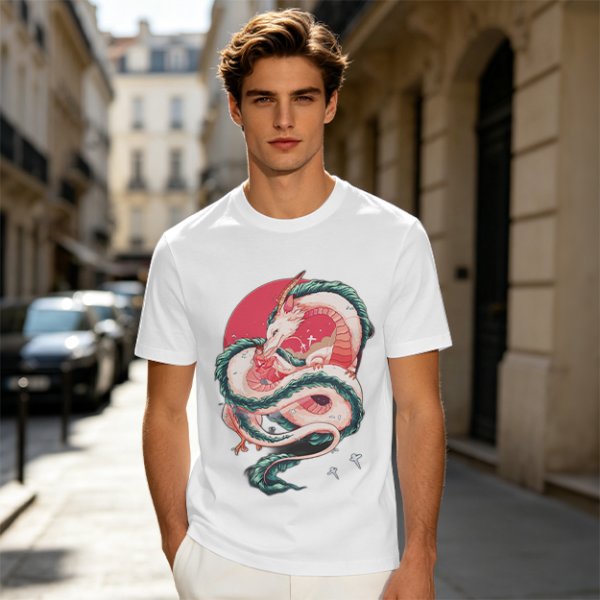 Olive T-shirt with stylized white dragon and red circular graphic print