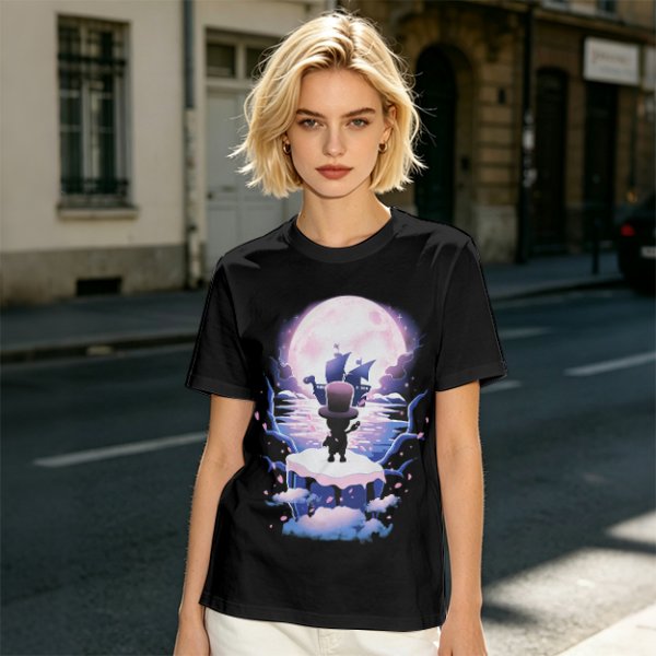 Olive T-Shirt With Moonlit Pirate Ship And Silhouette Figure Print