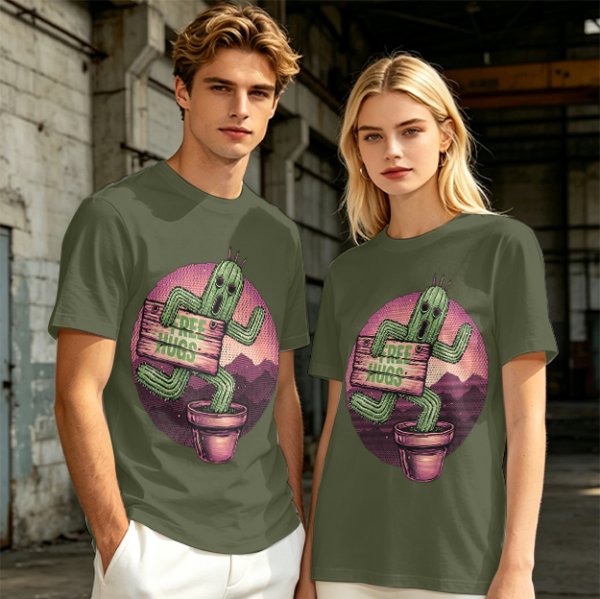 Olive T-shirt with Cartoon Cactus Free Hugs Desert Print