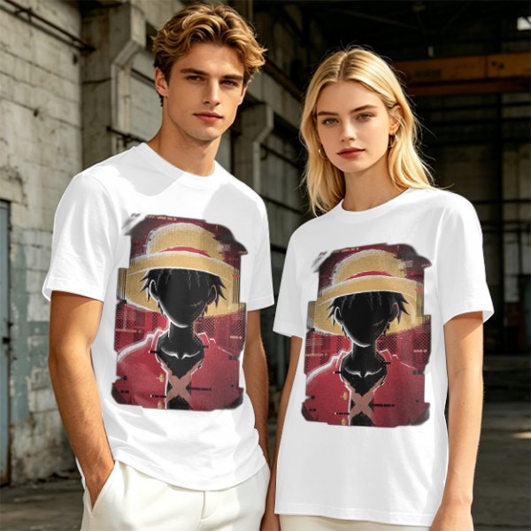 Olive T-shirt with Glitch Art Monkey D Luffy Straw Hat Print