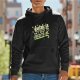 Black hoodie with nostalgic text print that reads Nostalgia isn't what it used to be