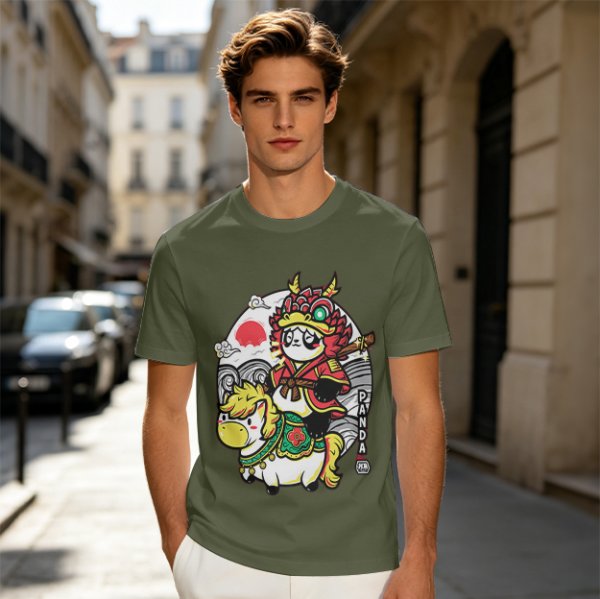 Olive T-shirt with Panda Warrior Riding Mythical Horse Graphic