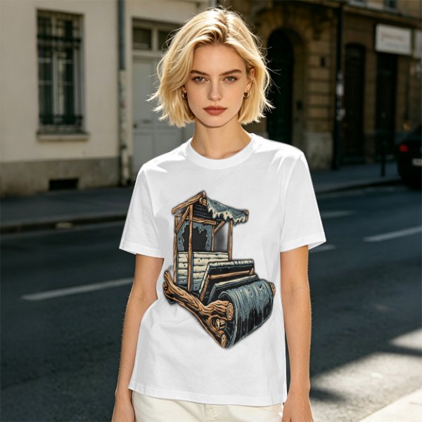 Olive T-Shirt With Rustic Wooden Cart Print