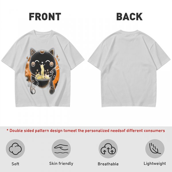 Olive T-Shirt Featuring Black Maneki-neko Cat Eating Ramen