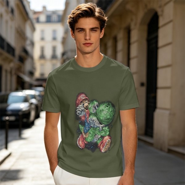 Olive T-shirt with Mario and Yoshi artistic graphic print