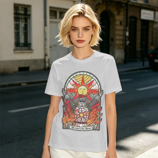 Olive T-Shirt With Stained Glass Style Praise The Sun Knight Print