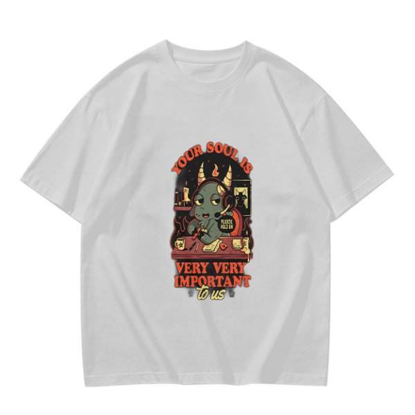 Olive t-shirt with devil call center graphic and 'Your Soul Is Very Important To Us' text